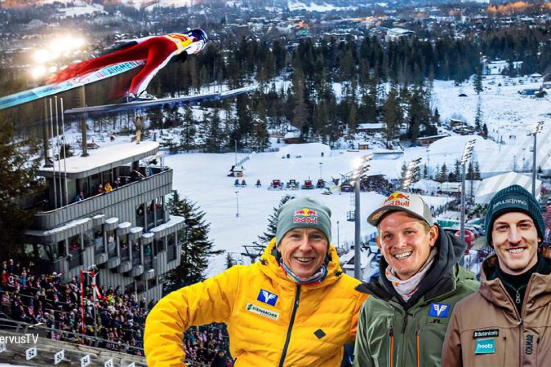 Collage of austrian ski-jumping athletes, RedBull Target Jump, ServusTV