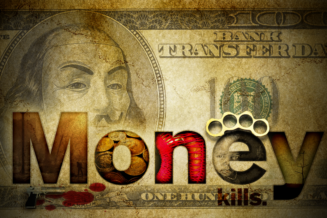 Photoshop composing of a 100 dollar bill with "money kills." written on it