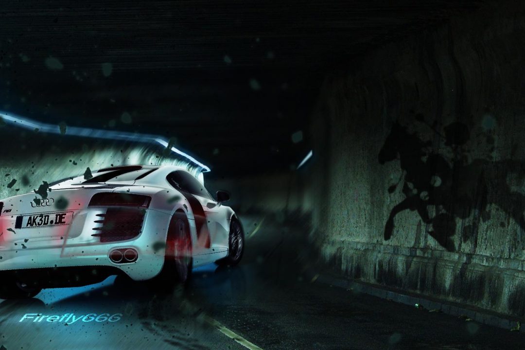 photoshop composing of an Audi R8 drifting into a tunnel