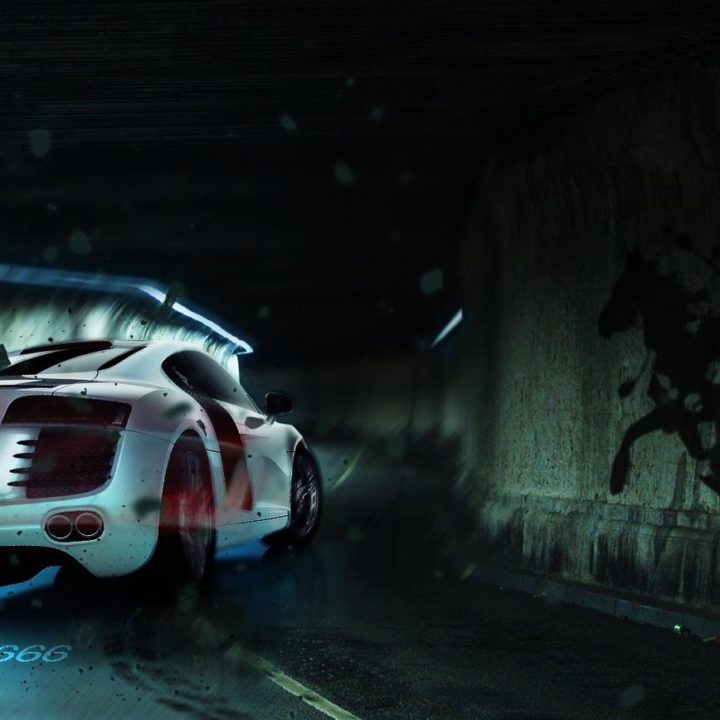 photoshop composing of an Audi R8 drifting into a tunnel
