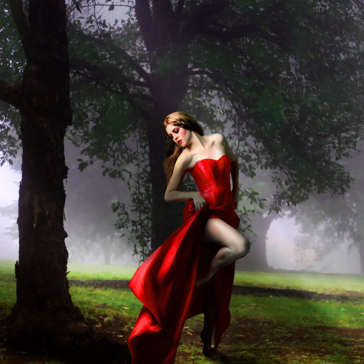 photoshop composing of a beautiful lady with red dress in nature